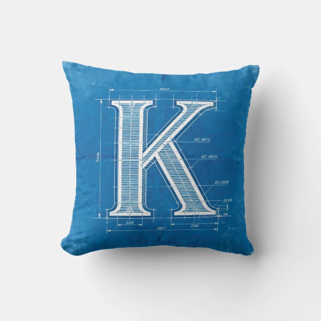 Blaupause-Monogramm Buchstabe K Kissen (Vorderseite)