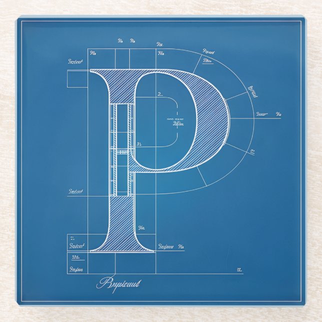 Blaupause-Monogramm Buchstabe P Glasuntersetzer (Vorderseite)