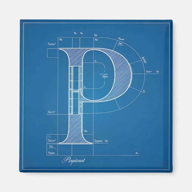 Blaupause-Monogramm Buchstabe P Magnet (Vorne)