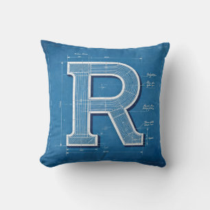 Blaupause-Monogramm Buchstabe R Kissen