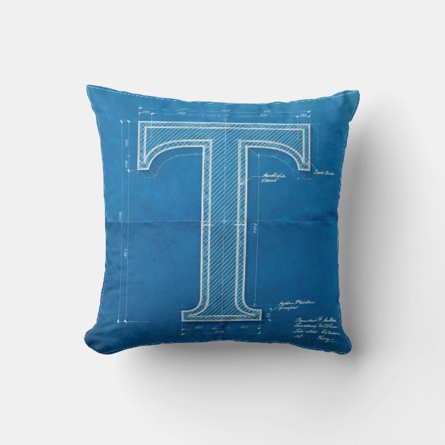 Blaupause-Monogramm Buchstabe T Kissen (Vorderseite)