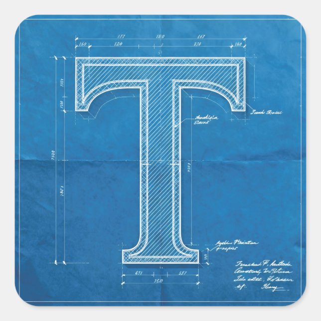 Blaupause-Monogramm Buchstabe T Quadratischer Aufkleber (Vorderseite)