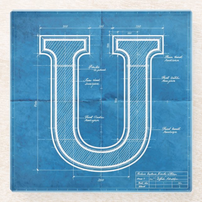 Blaupause-Monogramm Buchstabe U Glasuntersetzer (Vorderseite)