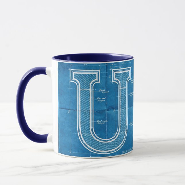 Blaupause-Monogramm Buchstabe U Tasse (Links)