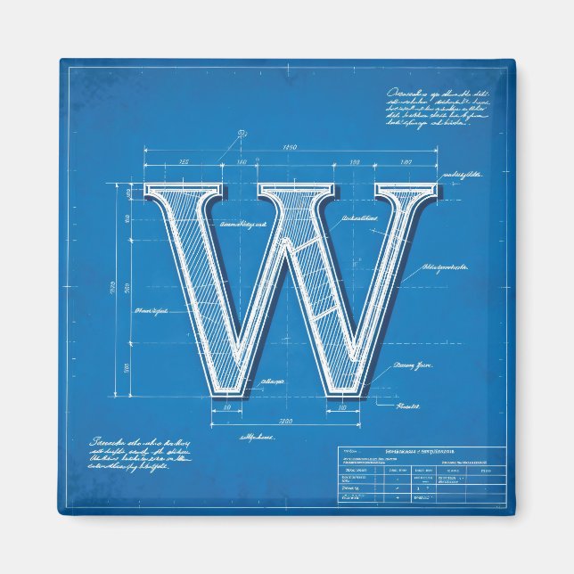 Blaupause-Monogramm Buchstabe W Magnet (Vorne)