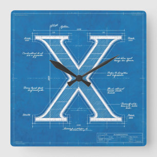 Blaupause-Monogramm Buchstabe X Quadratische Wanduhr