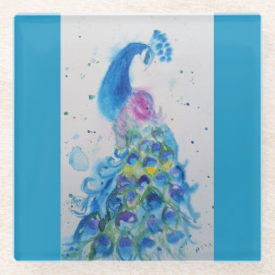 Blaupfau Aquarell Blaugrün Vogel Vögel Glasuntersetzer