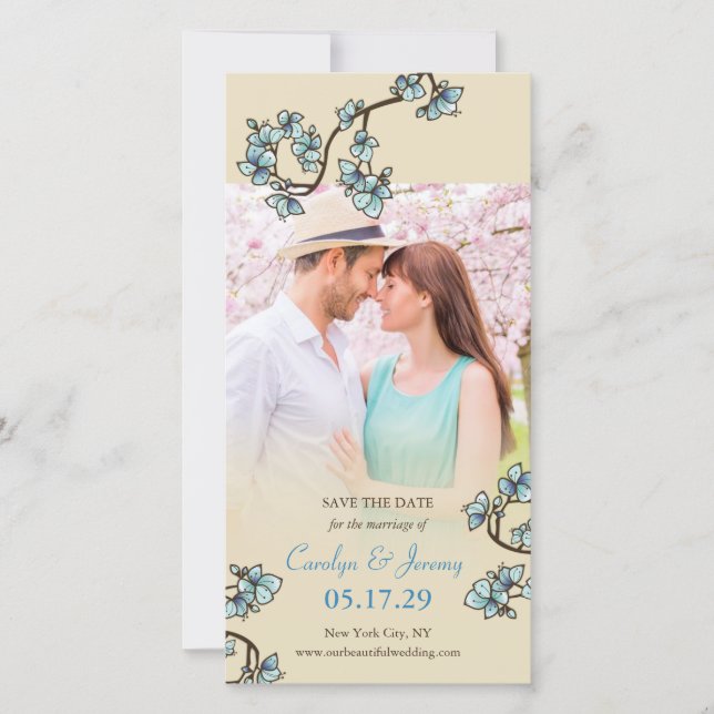 Blaupfirsichblüten Asiatische Save the Date Fotoka (Vorderseite)
