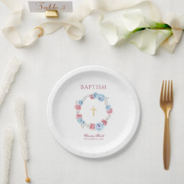 Blaupink Floral Watercolor Taufe Christening Pappteller