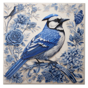 Blauraben-Inspirierter Vogel mit blauen Blüten Fliese
