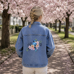Blauraben-Vogelfrühlingsblumen-Naturillustration Jeansjacke