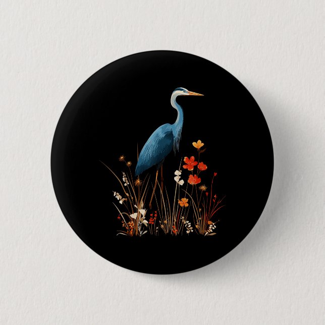 Blaureiher-Blumen-Wildblumen-Vogelbeobachtung Button (Vorderseite)
