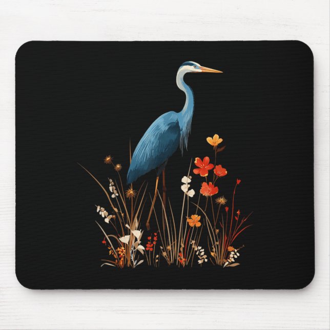 Blaureiher-Blumen-Wildblumen-Vogelschau Mousepad (Vorne)