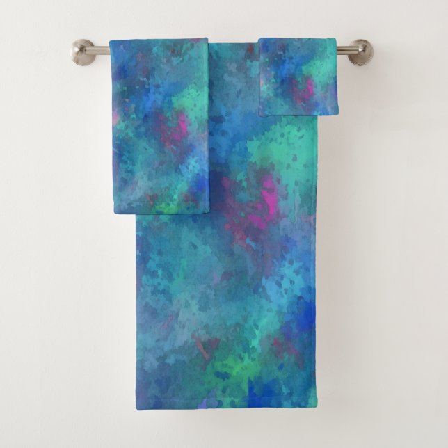 Blaurosa Aquamarine Aquarellabstraktion Badhandtuch Set (Insitu)