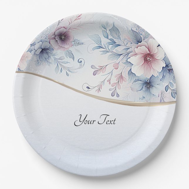 Blaurosa, blaue, florale Papierplatte Pappteller (Vorderseite)