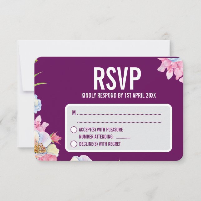 Blaurosa Blume Hochzeit RSVP Karte (Vorderseite)