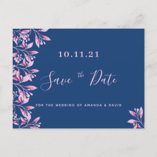 Blaurosa Blütenhochzeit Rettet das Datum Postkarte