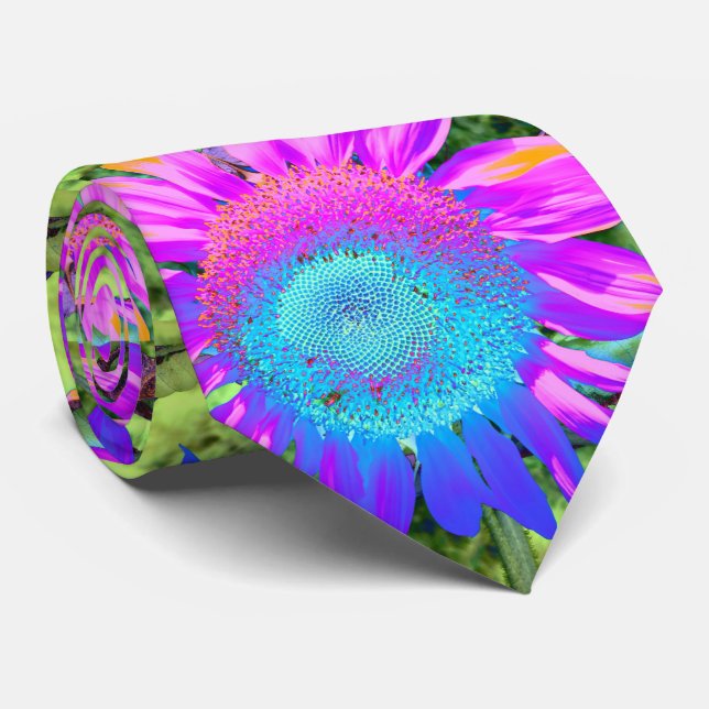 Blaurosa funky Retro-Sonnenblumen Foto Krawatte (Gerollt)