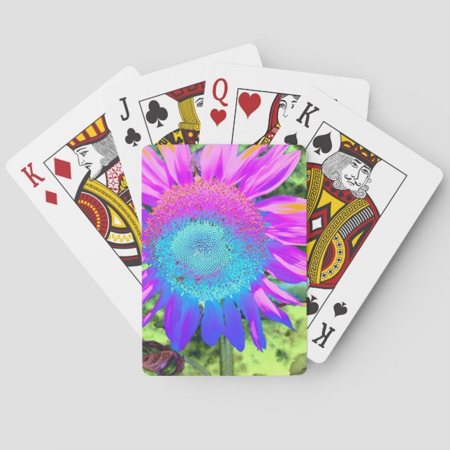Blaurosa funky Retro-Sonnenblumen Foto Spielkarten (Rückseite)
