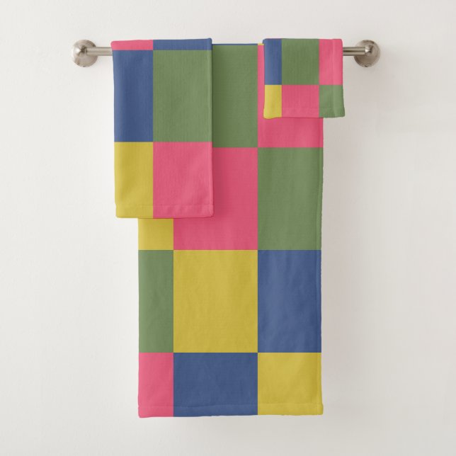 Blaurosa, gelb-grüne Schachbrett Badhandtuch Set (Insitu)