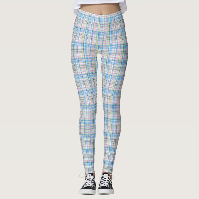 Blaurosa Gelb Welpe Kariert Madras Tartan Leggings (Vorderseite)