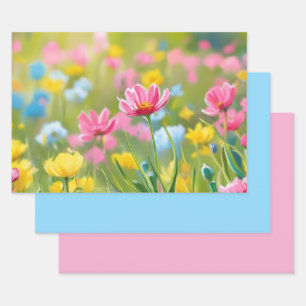 Blaurosa Gelbe Wilde Blume Feld 2025 Geschenkpapier Set