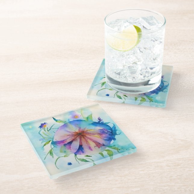 Blaurosa Konvolvulum, Aquarellfarbe Glasuntersetzer (Schrägansicht)