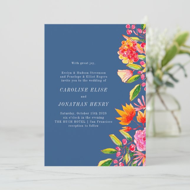 Blaurosa Orangefarbene Wasserfarben Förmliche Hoch Einladung (Stehend Vorderseite)