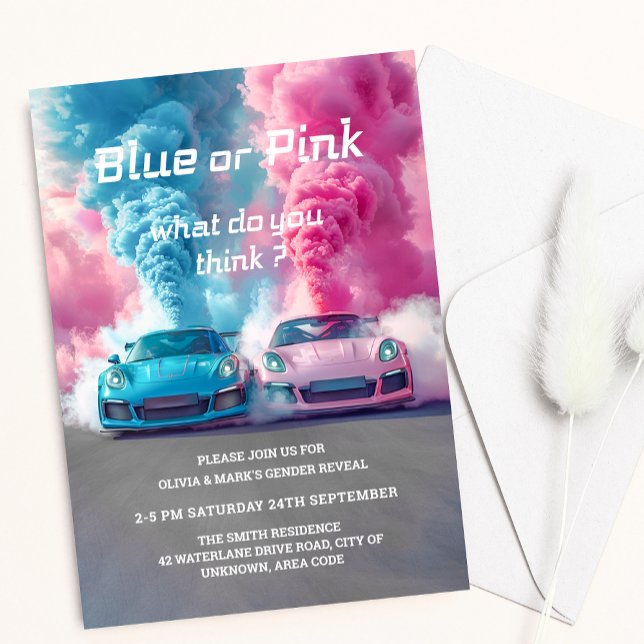 Blaurosa Race Car Burnouts Gender Reveal Einladung (Von Creator hochgeladen)