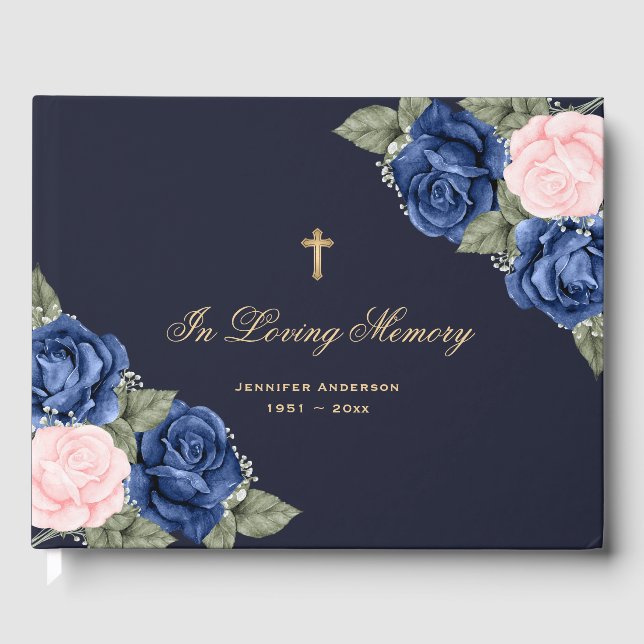 Blaurosa Rosen Gold Cross Blumengedenkmal Beerdigu Gästebuch (Vorderseite)