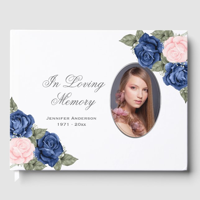 Blaurosa Rosen Silver Foto Beerdigung Gedenkstätte Gästebuch (Vorderseite)