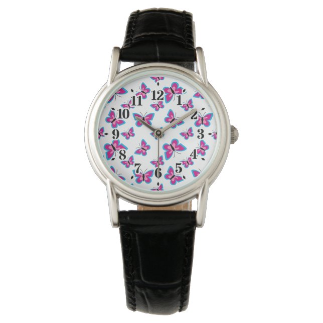 Blaurosa Schmetterlingsmuster Armbanduhr (Vorderseite)