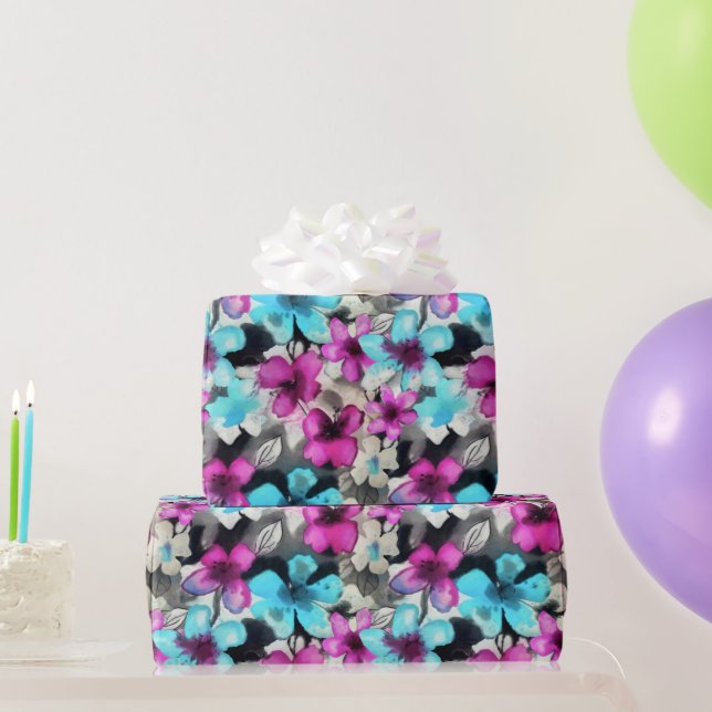 Blaurosa Schwarz Blume Muster Geschenkpapier (Partygeschenke)