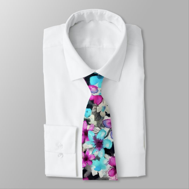 Blaurosa Schwarz Blume Muster Krawatte (Gebunden)