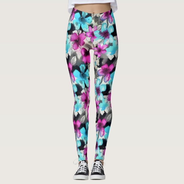 Blaurosa Schwarz Blume Muster Leggings (Vorderseite)