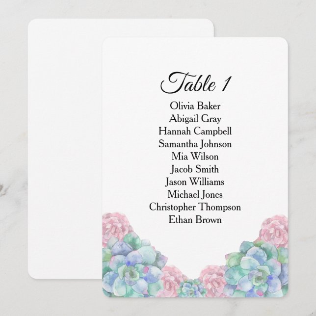 Blaurosa Sukkulente. Hochzeitssitzpläne Einladung (Vorne/Hinten)