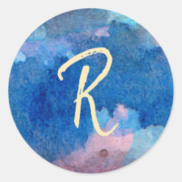 Blaurosa und goldene Monogramm Runder Aufkleber