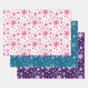 Blaurosa und Lila Schneeflocken Geschenkpapier Set