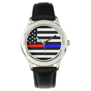 Blaurot-dünne Linie Polizei Feuerwehr Symbol usa Armbanduhr