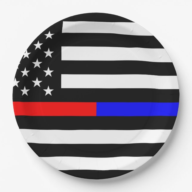 Blaurot-dünne Linie Polizei Feuerwehr Symbol usa Pappteller (Vorderseite)