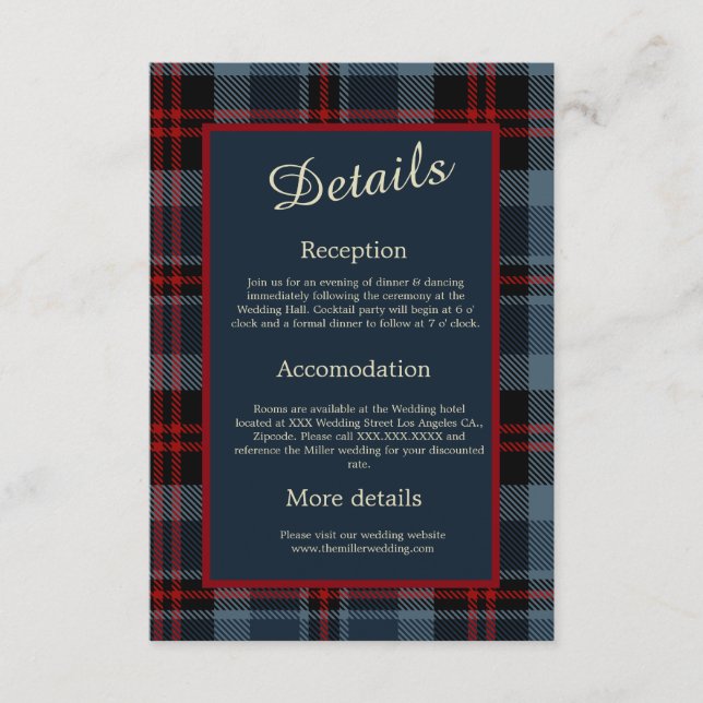 Blaurot-Schottische Hochzeit keltischer Tartan kar Begleitkarte (Vorderseite)