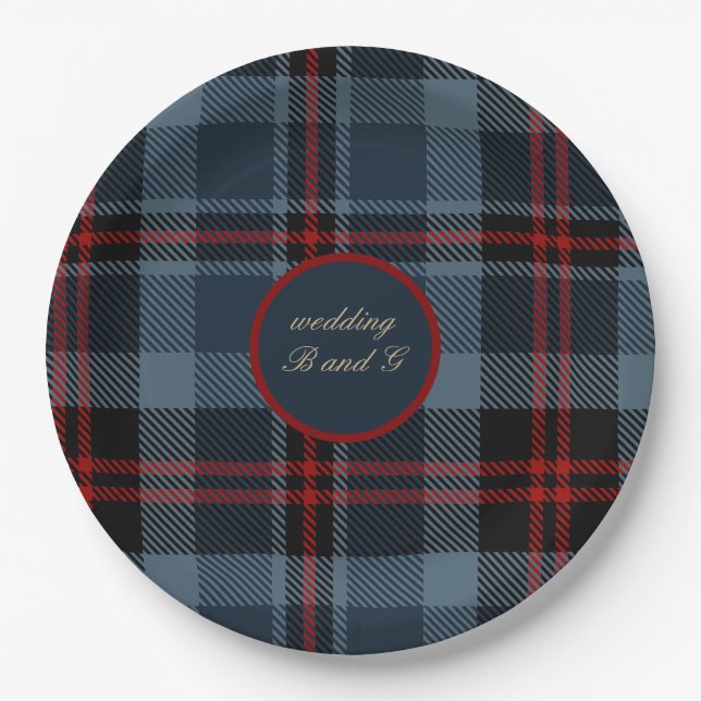 Blaurot-schwarz-keltisches Tartan-Muster Pappteller (Vorderseite)
