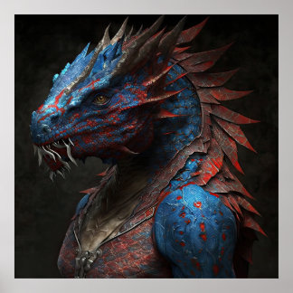 Blaurotes Drachenportrait AI Art Poster