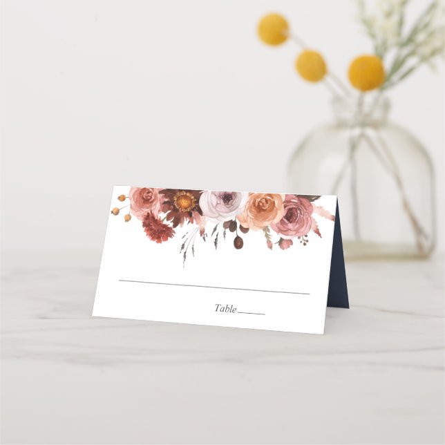 Blauschiefer, Burgund und Blütenblüte, Hochzeit Platzkarte (Vorderseite)