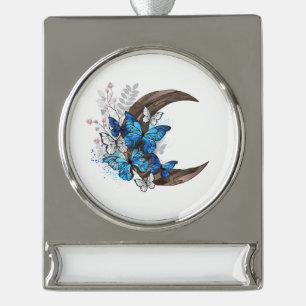 Blauschmetterlinge auf Holzhalbzeugen Banner-Ornament Silber