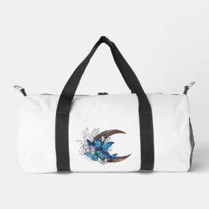 Blauschmetterlinge auf Holzhalbzeugen Duffle Bag
