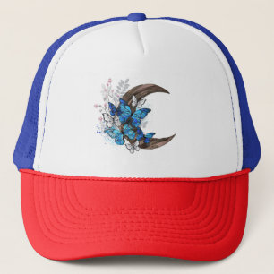 Blauschmetterlinge auf Holzhalbzeugen Truckerkappe
