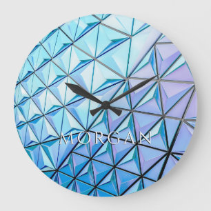 Blauschwarz, Lila Geometrie, weißer Name Große Wanduhr
