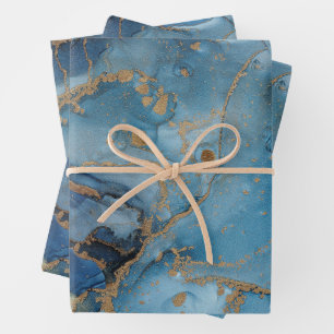 Blautöne, Gold abstrakt Wasserfarbe Marmorierung Geschenkpapier Set