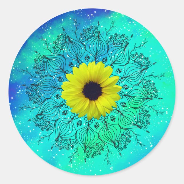 Blautürkisfarbene Sternengalaxie Mandala und Sonne Runder Aufkleber (Vorderseite)